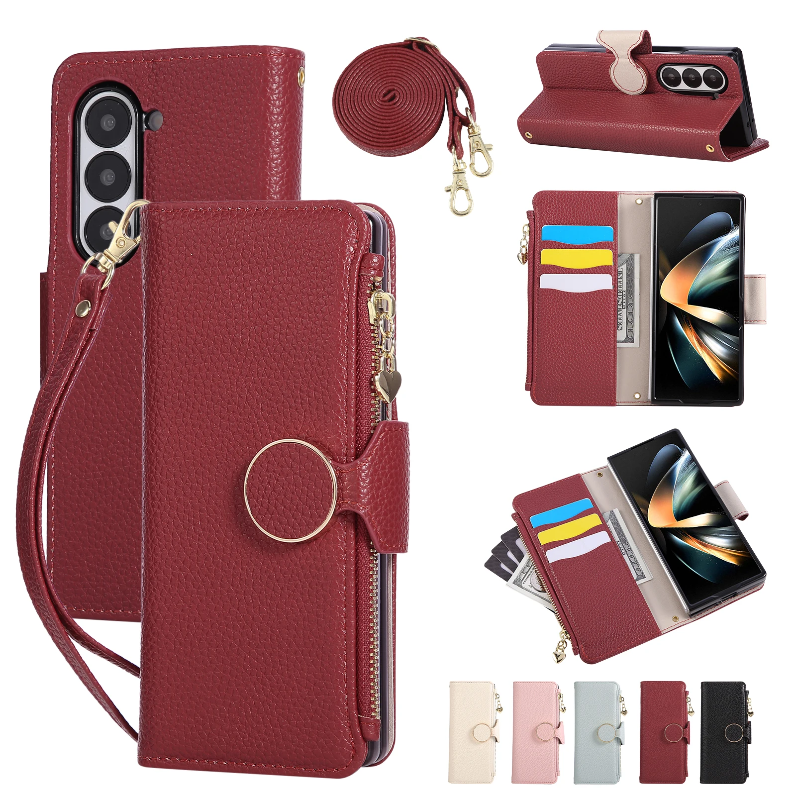 

Crossbody Zipper Wallet Card Solt Leather Case for Samsung Galaxy Z Fold 7 6 5 Fold7 5G Lanyard Strap Ring Holder Flip Cover