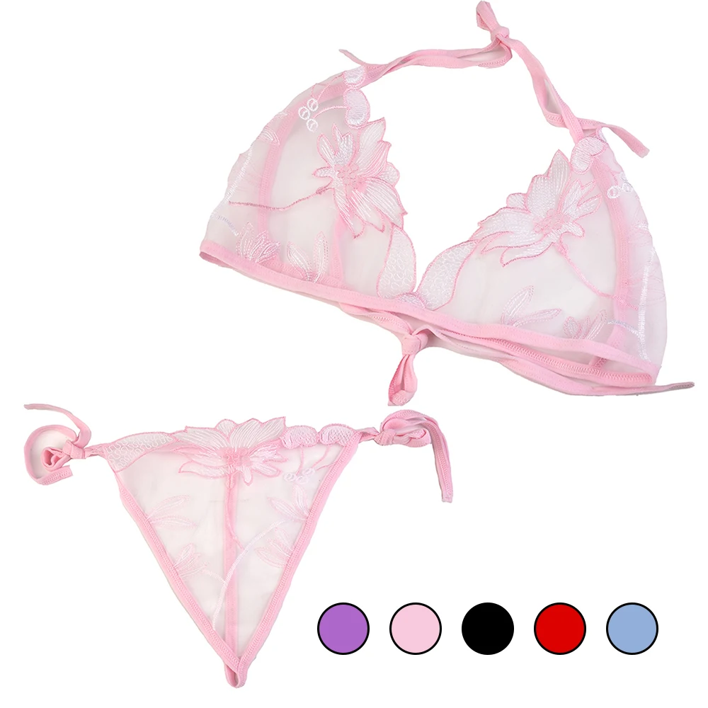 Sexy Frauen Spitze Lotus Blumen druck durchsichtige Schnür-BH Höschen Set transparente Tops Tanga Dessous Unterwäsche-Sets