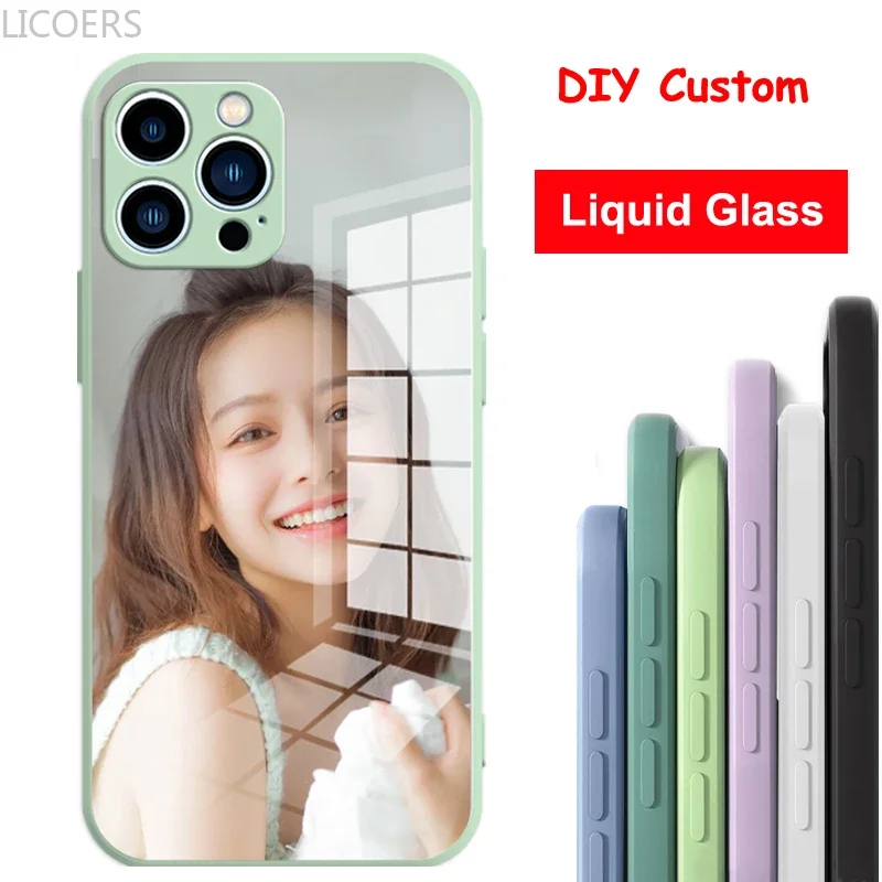 9 Colors Custom DIY Glass Case for iPhone 16 15 14 13 12 11 Pro Max Mini X XR SE 8 Plus Shell Liquid Silicon Frame Cover Fundas