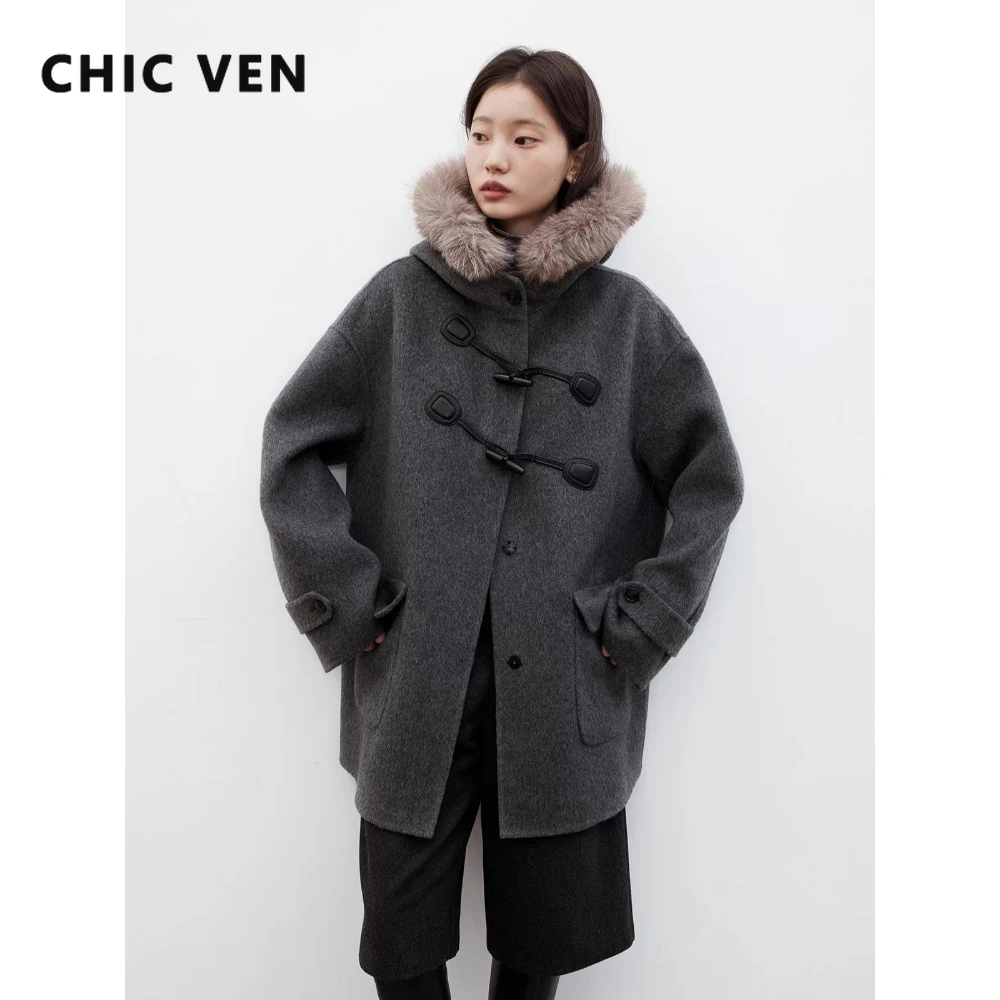 CHIC VEN Women Mid-length Woolen Coat Loose Casual Hooded Double-sided Horn Buckle Female Jacket Overcoat Autumn Winter 2025