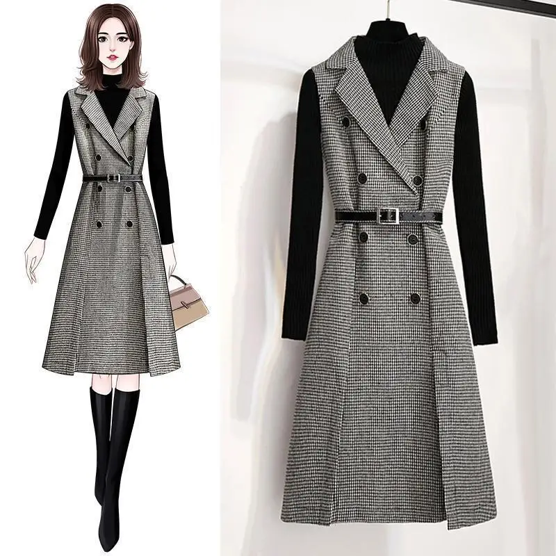 Women's Tweed Plaid Dress with Belt 2022 Autumn Winter Lady Graceful Joker Sweater Double Button Dresses Daily Clothing Female