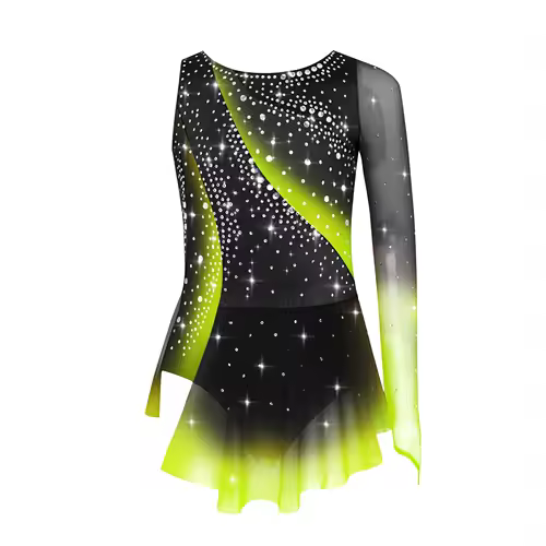 Kids Girls Figure Skating Rhythmic Gymnastics Leotard Dress Asymmetrical Split Shiny Rhinestones Contrast Color Dress Ballerina - Image 24