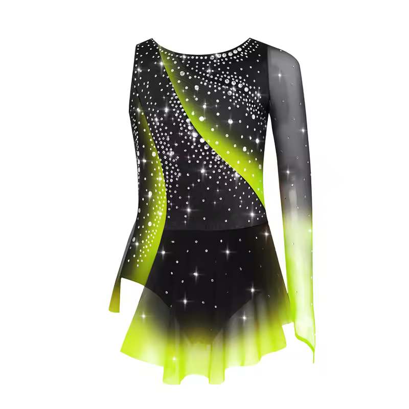 Kids Girls Figure Skating Rhythmic Gymnastics Leotard Dress Asymmetrical Split Shiny Rhinestones Contrast Color Dress Ballerina - Image 24
