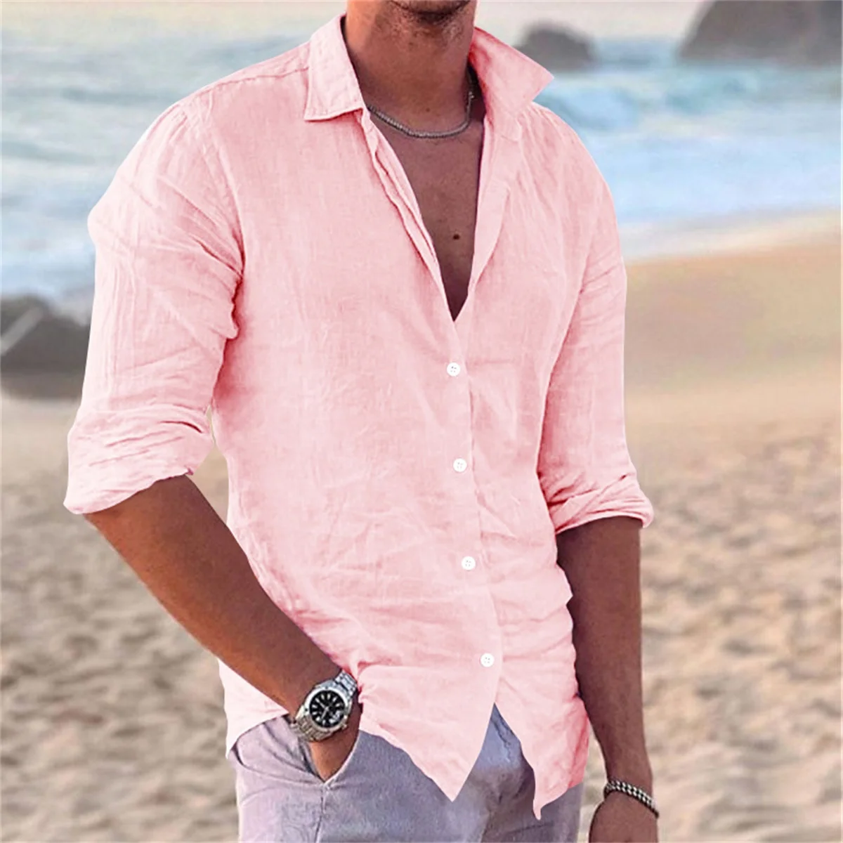 Men\'s Beach Leisure Cotton Linen Long Sleeve Solid Color Shirt Shopping Home Travel Shirt Flash Sales