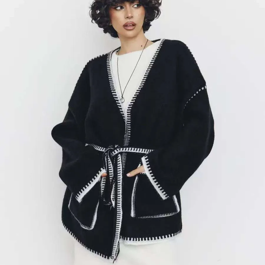 Primavera 2025 nuevo estilo bloque de Color cuello en V sin mangas con cinturón estilo británico elegante suéter para ir al trabajo cárdigan de punto largo suelto