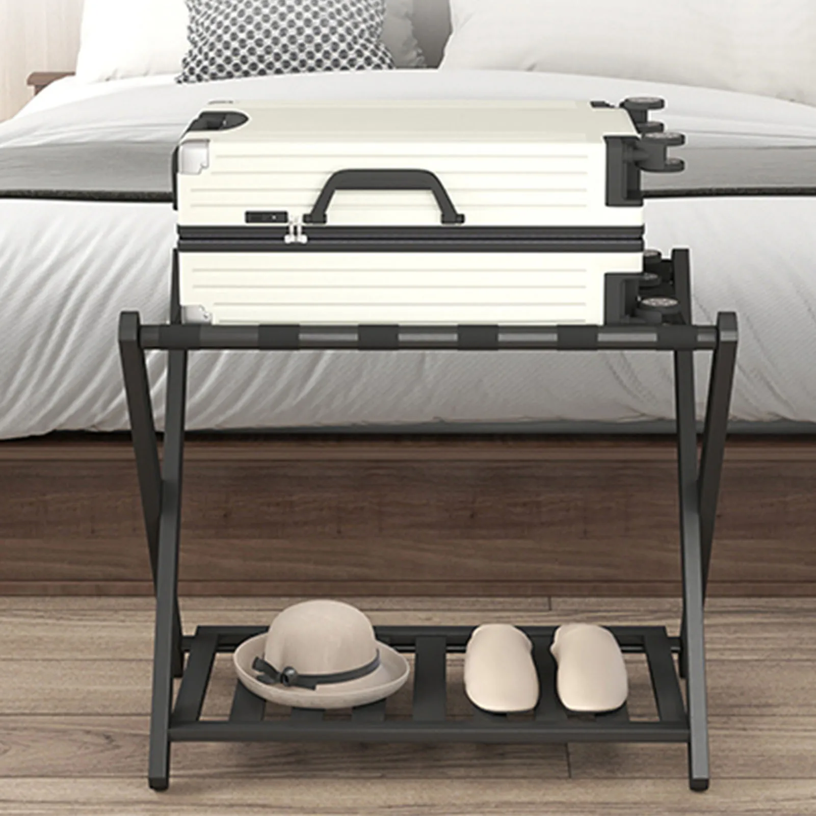 Luggage Rack Foldable Thickened Wood Suitcase Stand with Storage Shelf for Hotel Bedroom Guest Room Luggage Rack Luggage Stand
