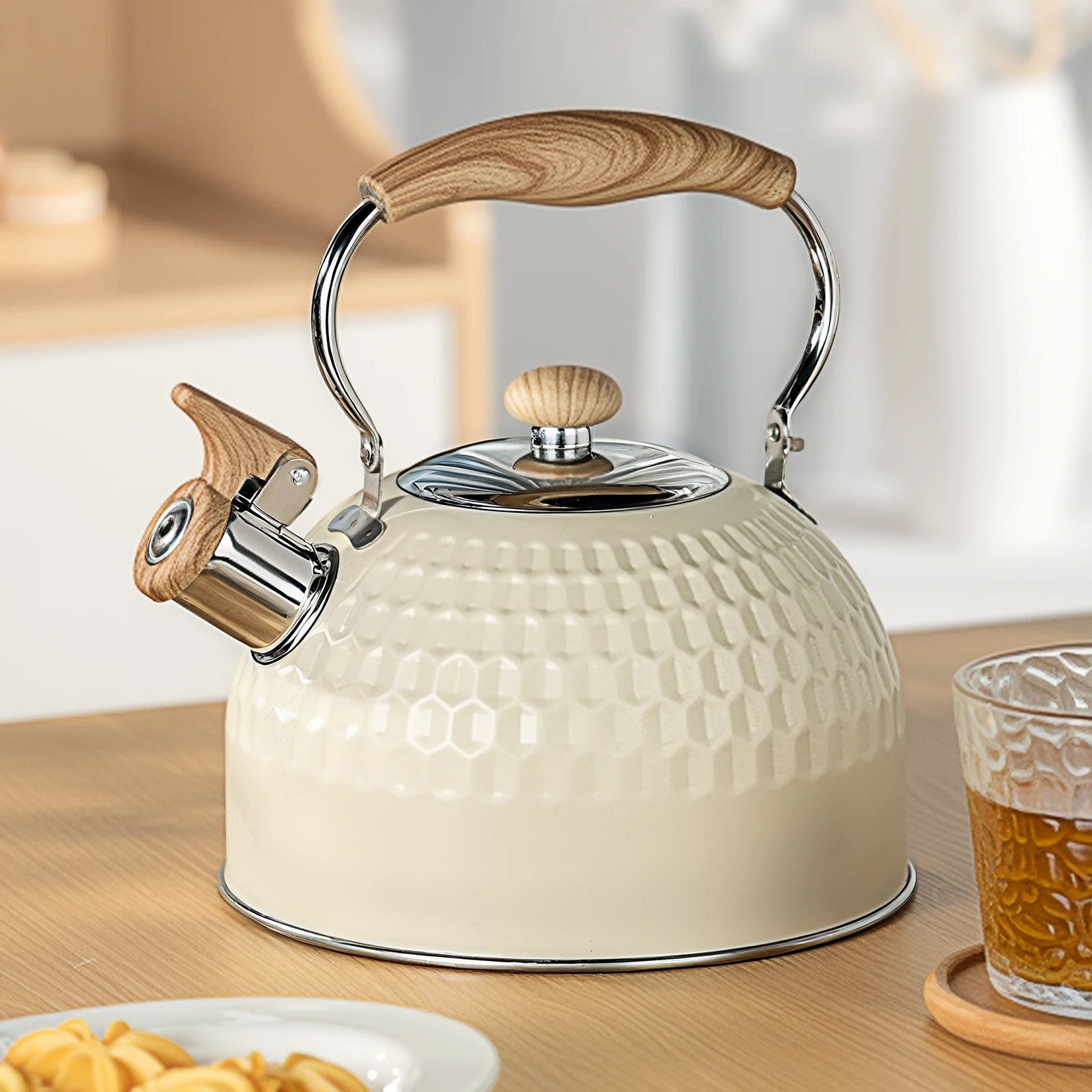 1pc 2L White Hammer Patterned Kettle, Teapot, Kettle, Coffee Pot, Stainless Steel Whistling Kettle Tea Pot