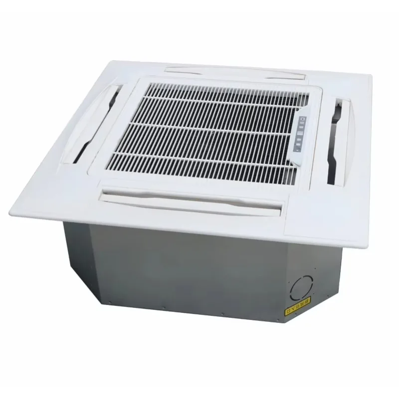 

Central air conditioning system with heating and cooling ceiling mounted fan coil unit