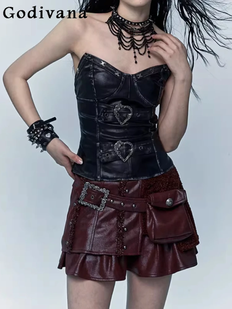 

Spring Autumn Retro Court Punk Fake Two-piece Splicing Leather A-line Skirt Fashion Age Reduction Personality Christmas Skirts