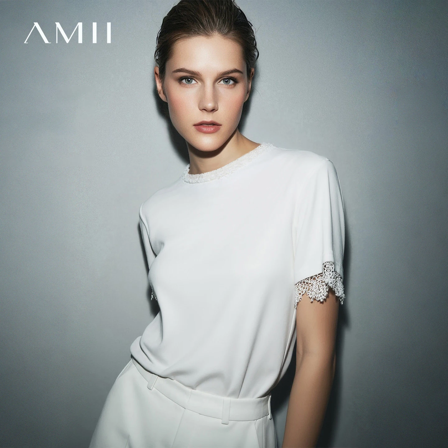 Amii Women's T-Shirt 2026 Summer New Round Neck Lace Patchwork Women's Tee Shirt Solid Color Elegant Short Sleeve Top 12642068