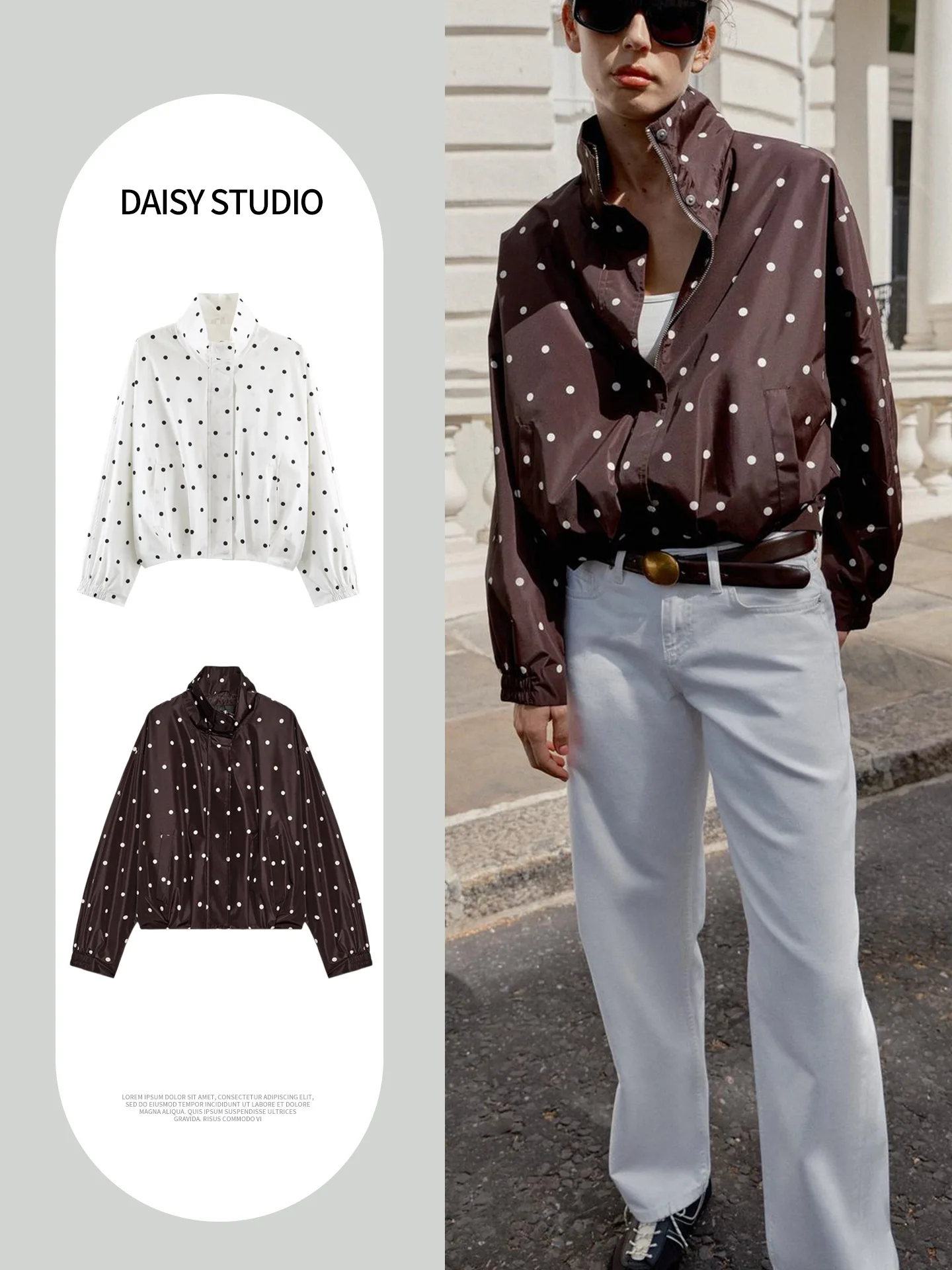Fall New Women's Long Sleeve Stand Collar Zipper Style Pleated Hem Pilot Jacket Outerwear Polyester Fiber Slimming Effect