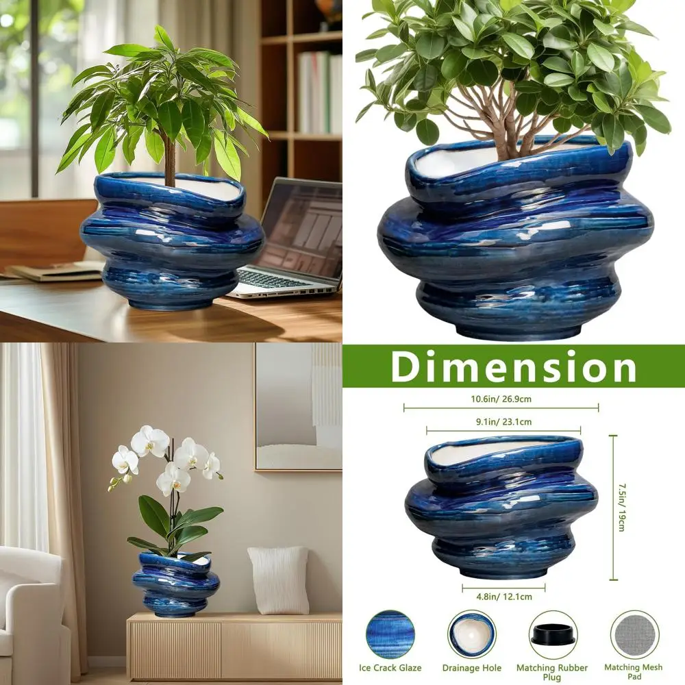 

10.6 Decorative Ceramic Planter with Drainage for Indoor/Outdoor, Unique Flower Pot, Ideal Gift for Home & Garden, Blue