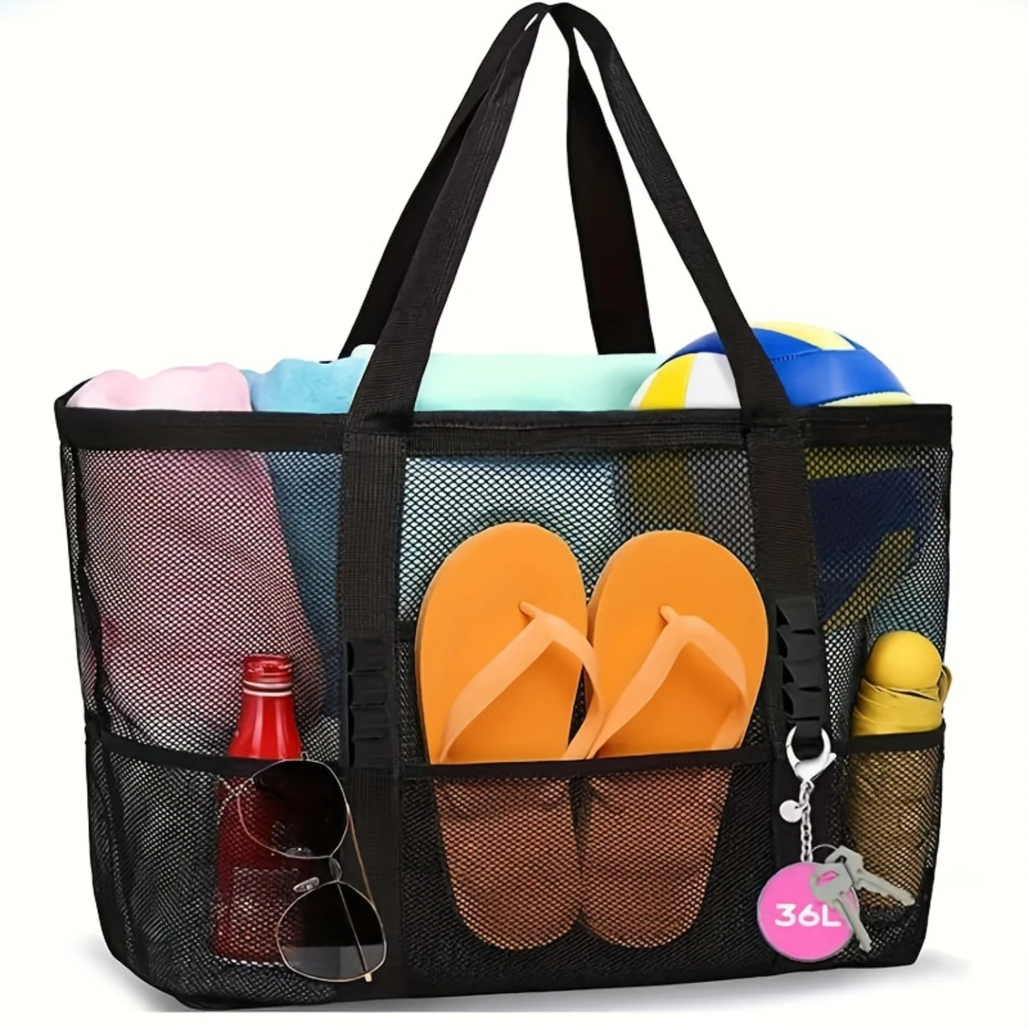 Extra Large Mesh Beach Tote Bag, Sand-Free, 36L Capacity, Durable Polyamide, 9 Pockets, Zipper Closure, Foldable & Lightweight, 