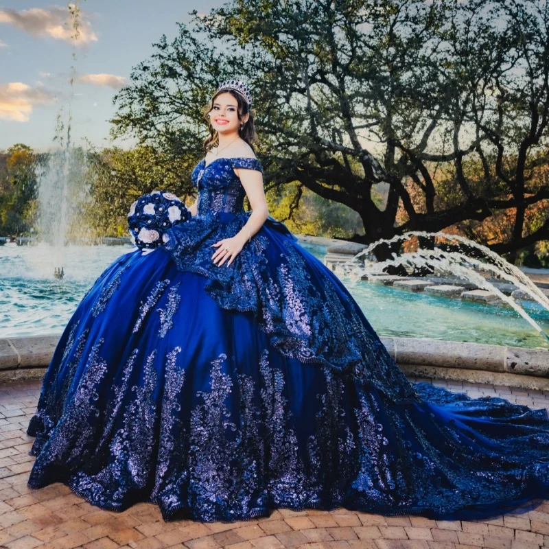 

Navy Shiny Quinceanera Dresses Ball Gown Off The Shoulder Sequin Applique Lace Beading Crystal Corset Bow Tull Party Birthday