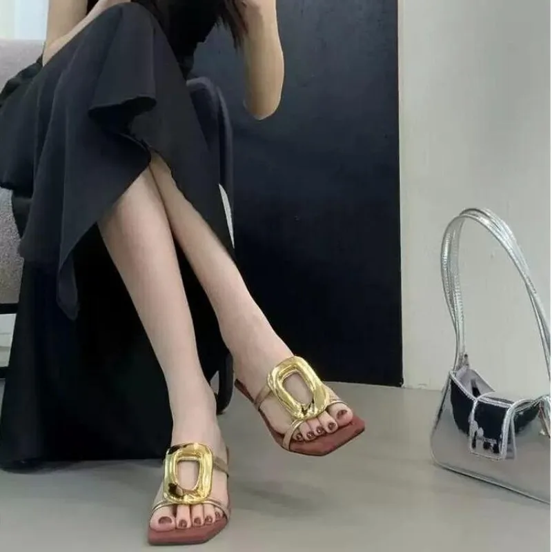 2024 Sexy Gold Designer Wedding Elegant Shoes Women Sandals Stiletto High Medium Heel Open Toe Luxury Fashion Party Women Shoes