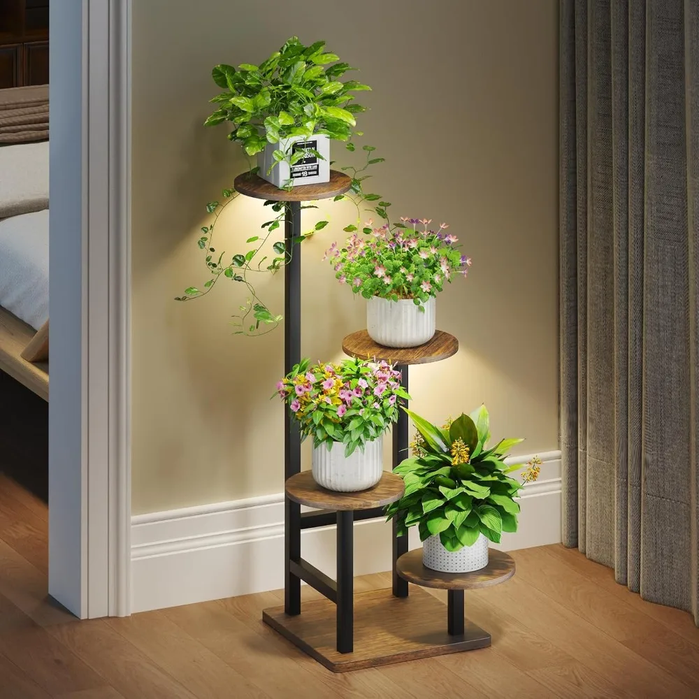 

4-Tiered Plant Stand Indoor with Grow Light, Hanging Basket Hook and Adjustable Light, Metal Plant Shelf