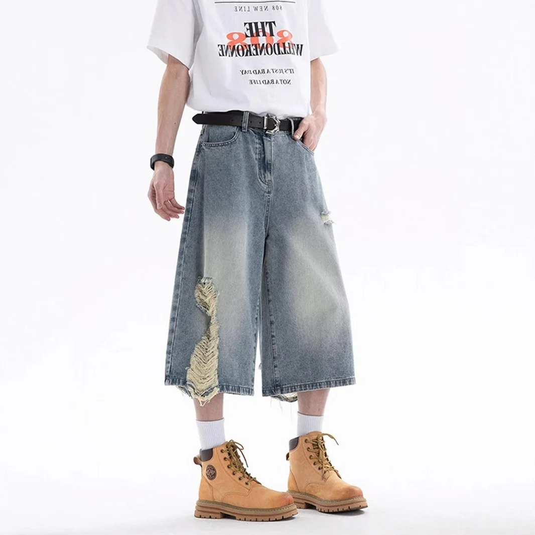 American Vintage New Fashion Summer Men's Light Blue Casual Trendy Daily Simple Basic Loose Wide Leg Calf Length Denim Trousers