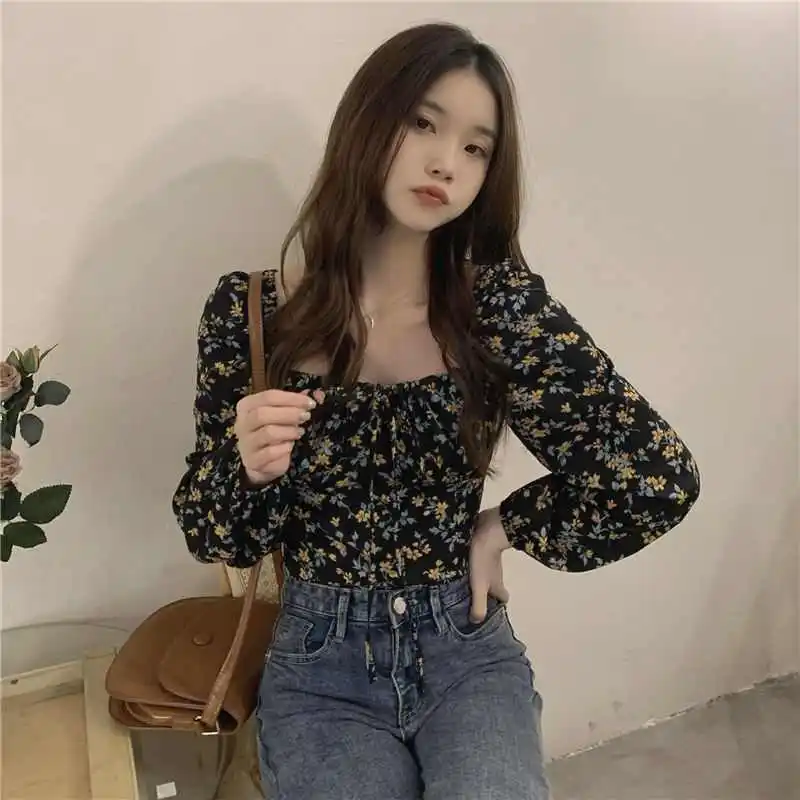 

French Floral irt Women's Spring Summer New Square Collar Long Sve Bubble Sve Cotton Ropa Blusa Floral Print Embroidery