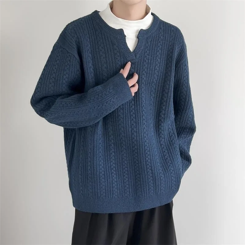 2025 Autunno Inverno Nuovi Uomini Piccolo Scollo a V Texture Jacquard Pullover Maglione Allentato Caldo Stile Pigro Moda Top