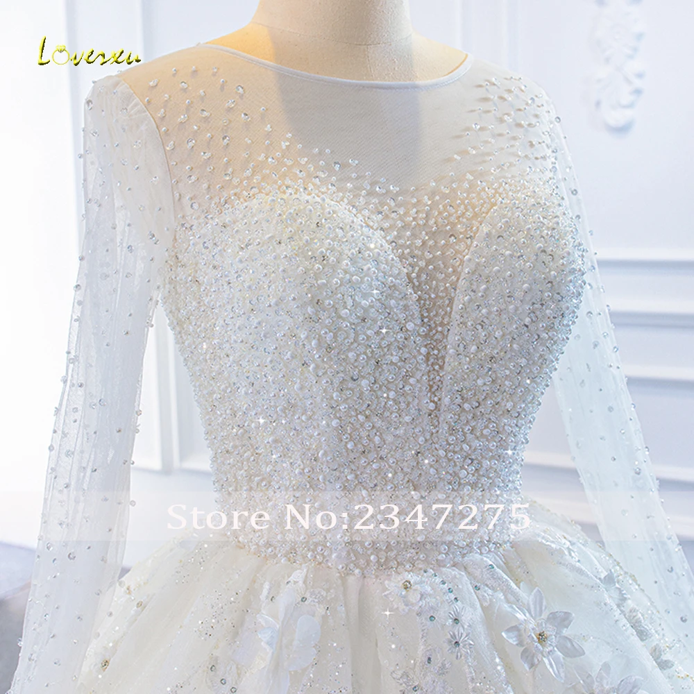 Loverxu Ball Gown Luxury Wedding Dresses O-Neck Long Sleeve Vestido De Novia Lace Beaded 3D Flowers Custom Made Bridal Gown