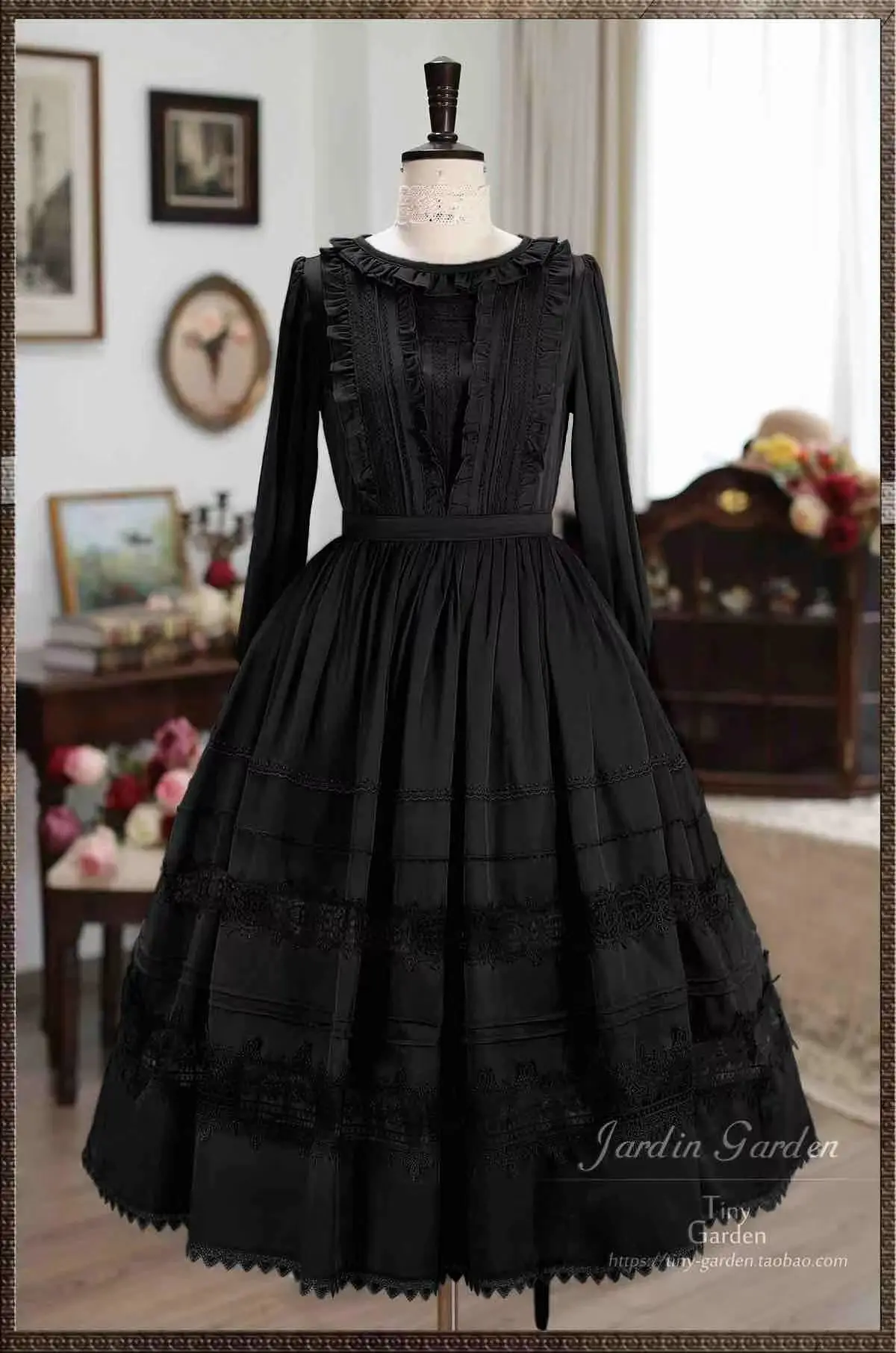 French Vintage Lolita Op Dress Women 2024 Summer Round Neck Long Sleeve Lace-up High Waist Pleated A- Line Sweet Princess Dress