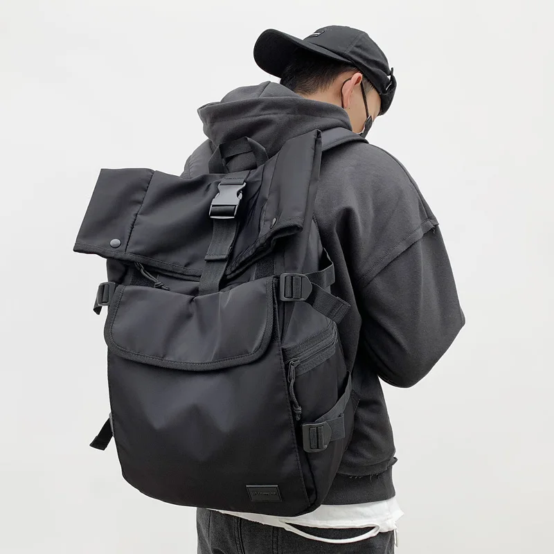 Streetwear Pocket Men Nylon Backpack Large Capacity Laptop School Teenager Backpack Causal Black Commuter Travel Men Backpack