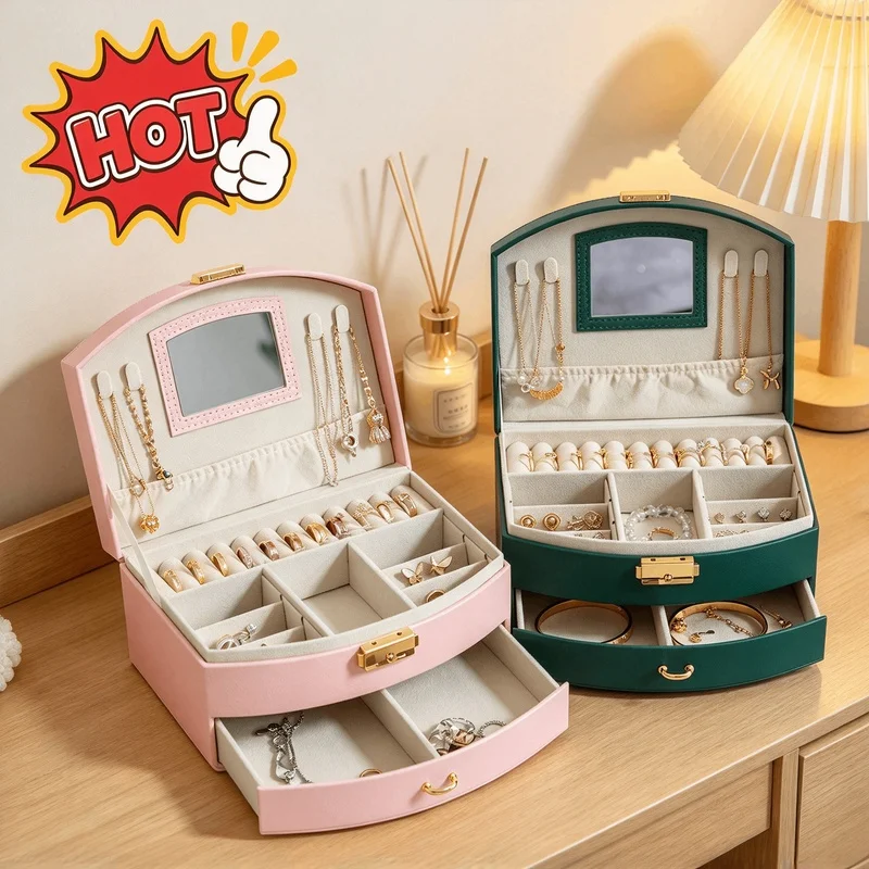 Multi-Layer Drawer Jewelry Organizer Box, Black Handheld Storage Case for Rings Earrings Necklaces
