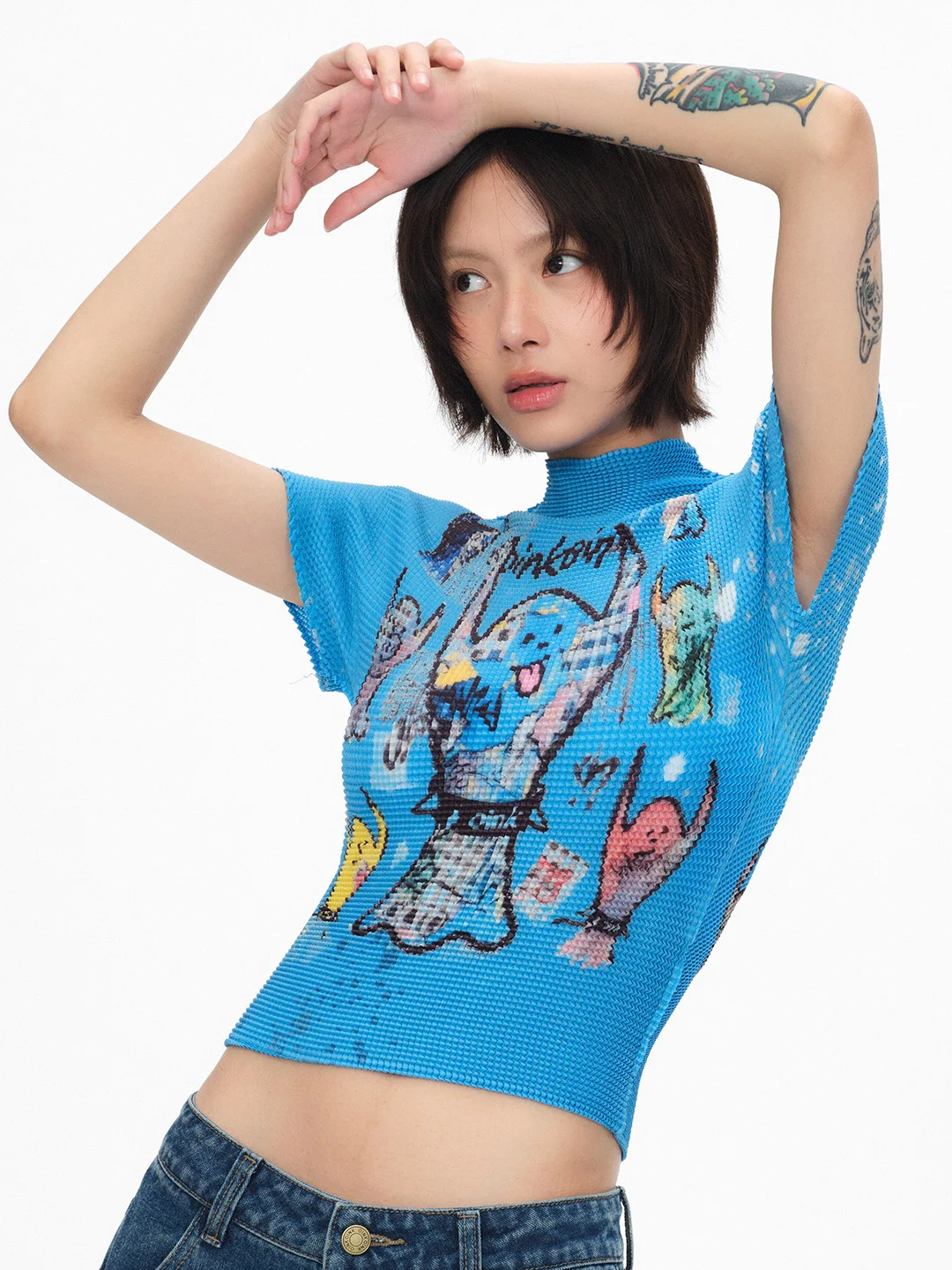 

Oink Oink Women's Short Sleeve T-Shirt Pleated Lightweight Breathable Casual Style Polyester Fabric Summer Season Fashion