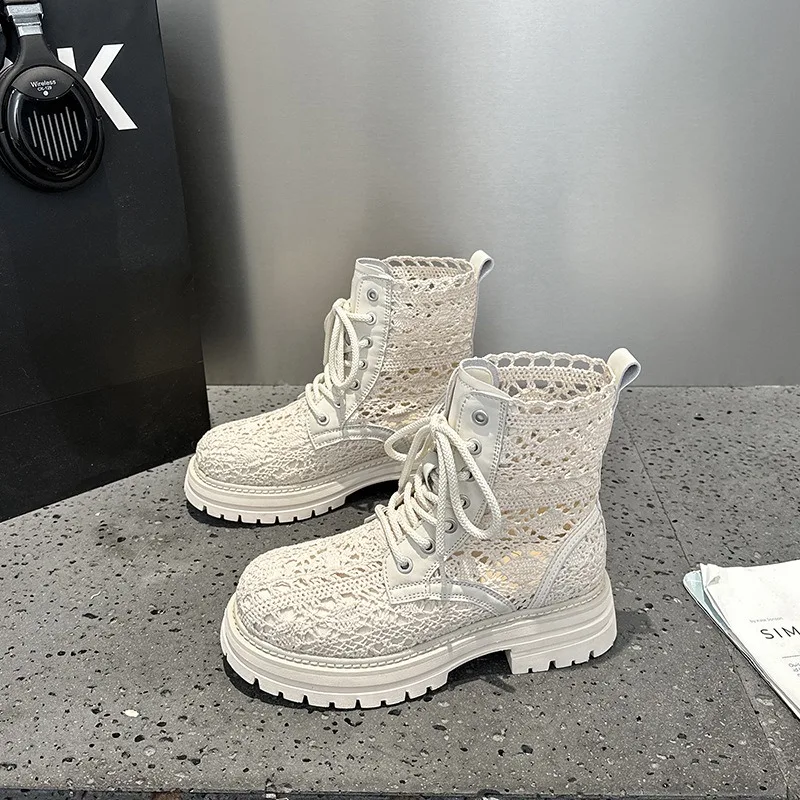 

Retro Women Shoes Exquisite Lace Hollow Out Summer Boots for Woman Fashion Platform Ankle Boot Luxury Designer Shoes Botas Mujer