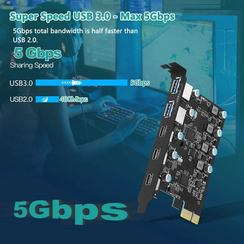 USB 3.0 Card PCIe X1 To USB with 5Gbps 5 Port (2 USB A + 3 Type C) Chip FL1100 Converter Adapter Expansion PCIE Splitter USB3