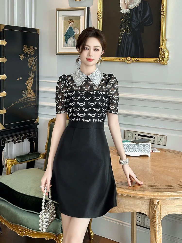 

Summer New French Doll Collar Color-Block Waist-Cinching Black Dress with Sequins and Beading FashionableALine skirt70281