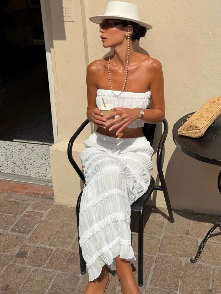 Weird Puss Sexy Zweiteiler mit Raffungen und Rüschensaum, Damenmode, klassisches Crop-Top + Stretch-Langrock, Trendiges Urlaubs-Party-Outfit – Detail 17
