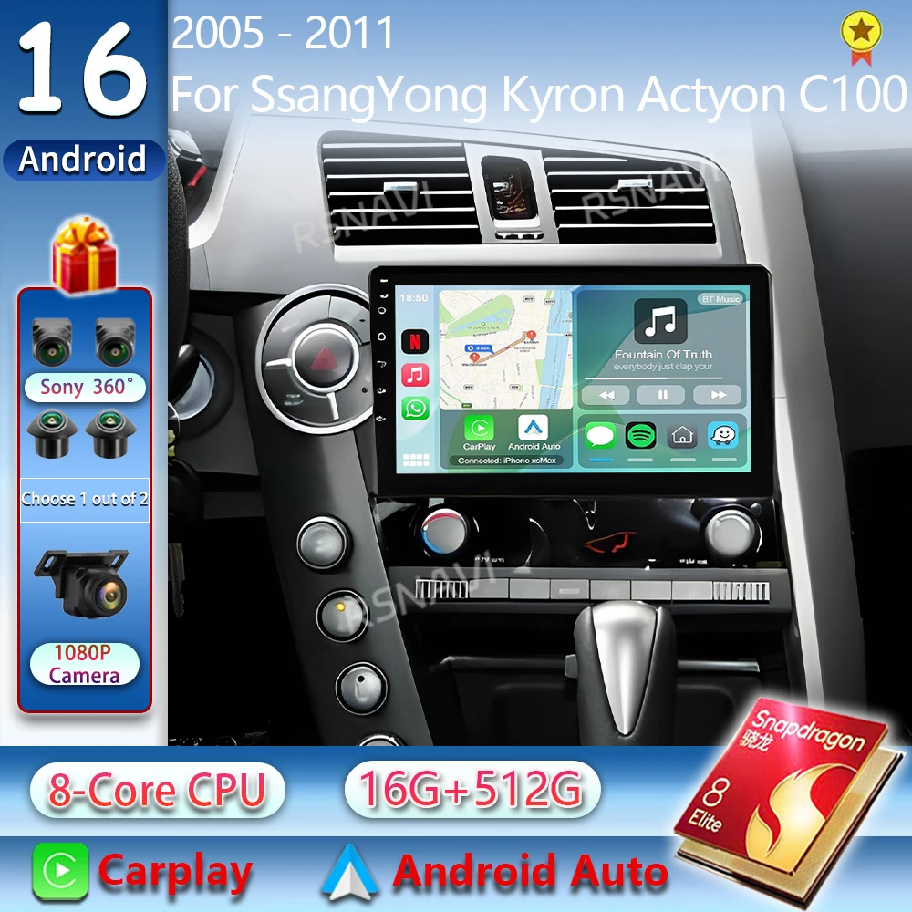 Android 16 For SsangYong Kyron Actyon C100 2005- 2011 2K QLED Android Car Radio Multimedia Stereo Player GPS AI Voice CarPlay 4G