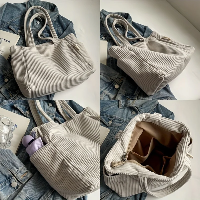 Lässige Cord-Handtasche mit Reißverschluss, leicht und geräumig, mit festem Schultergurt, einfarbig für den täglichen Pendelverkehr, Einkaufen und Ausflüge – Baigou Style Random Handbag – Detail 2