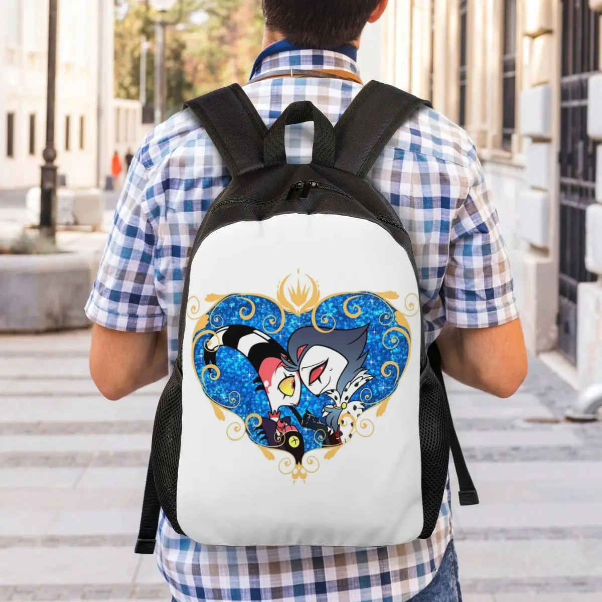 

Helluva Boss Stolas And Blitzo Heart Frame Student Backpack School Bag Hiking Travel Daypack Fashion Bookbag Shoulder Bags