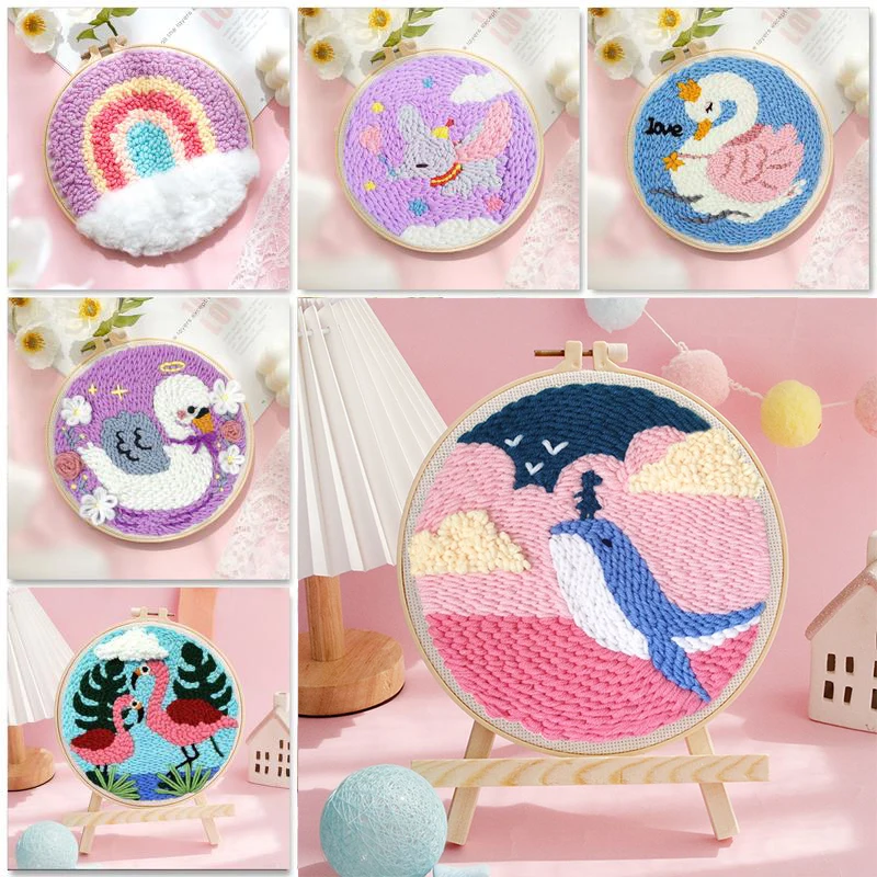 

DIY Punch Needle Kits Animal Easy for Beginners Punch Needle Embroidery Set with Hoop Stamped Pattern for Craft Home Decor