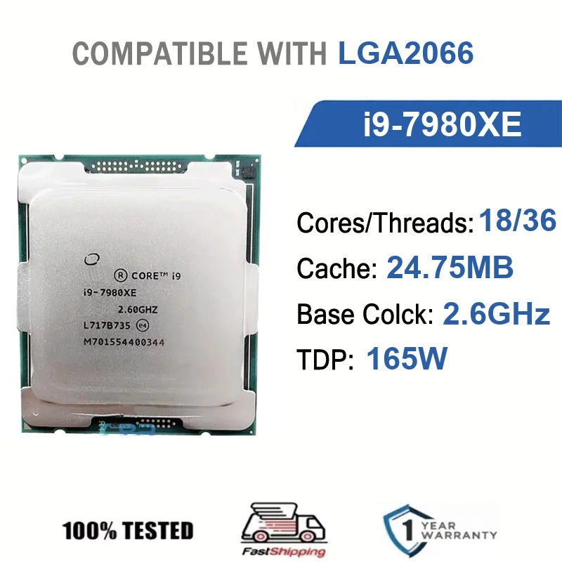 

Intel Core i9-7980XE 18 Core 36 Thread 2.6GHz 165W 24.75MB Cache 14nm Skylake-X DDR4-2666 MHz SR3XJ LGA2066 UHD Graphics P630