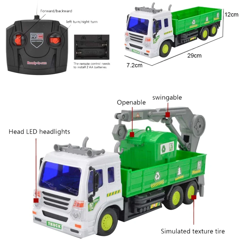 Children's Remote Control Garbage Truck With Lights, 4WD Recycling Garbage Truck, Toys For Children 2-6 Years Old, Gifts For Boy