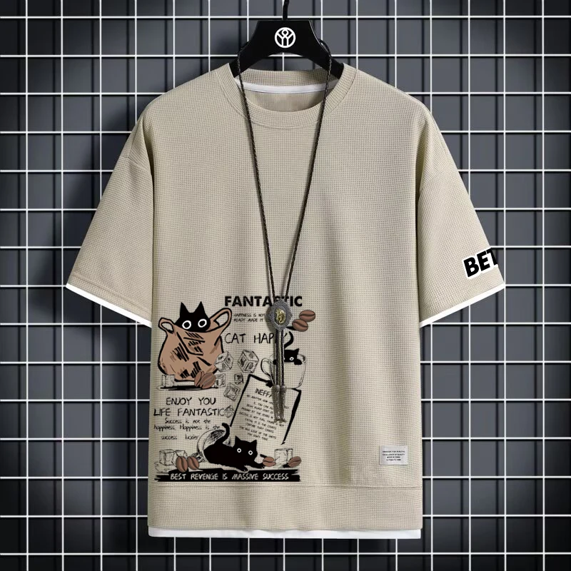 Hot Selling Cartoon Cat Printed T Shirts Summer Breathable Sports Tees White Grey Green Orange Oversized T Shirt Men Clothing