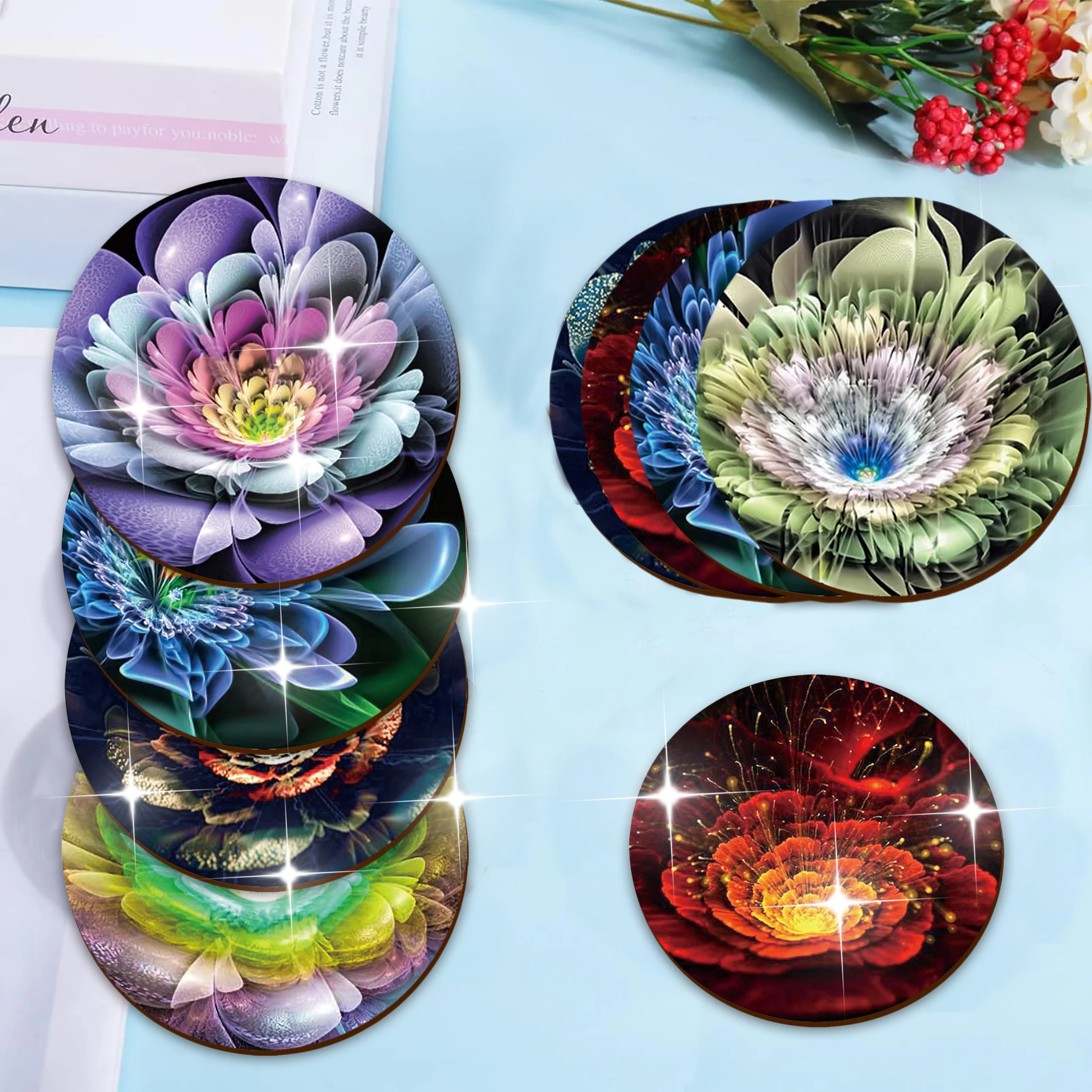 طقم قاعدة أكواب خشبية بتصميم زهور جميلة مكون من 6 قطع - حصيرة مشروبات مزخرفة مقاومة للحرارة للقهوة والشاي وما إلى ذلك. - مثالي للمنزل