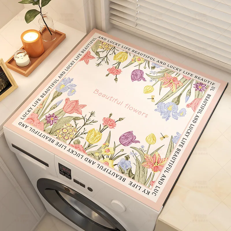 VIKAMA Vintage Tulip Floral Washing Machine Top Mat Mint Green Letter Border Waterproof Anti Dust Dryer Cabinet Pad
