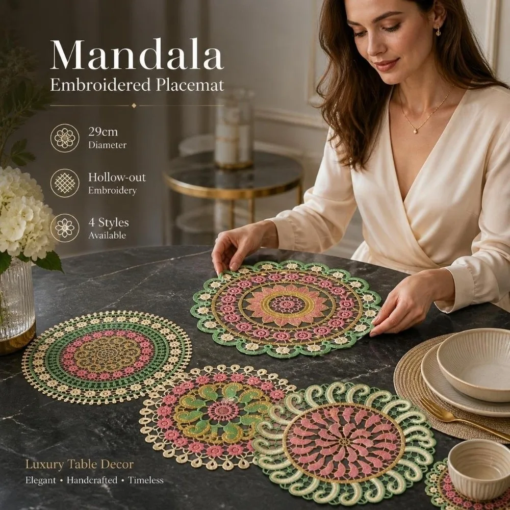 Vintage Embroidery Lace Doily Placemat Colorful Round Embroidered Table Doily Mandala Hollow Table Cup Mat for Kitchen Table