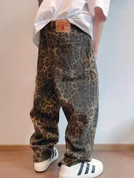 Tan leopar kot erkekler Denim pantolon erkek boy geniş bacak pantolon Streetwear Hip Hop Vintage giyim gevşek rahat