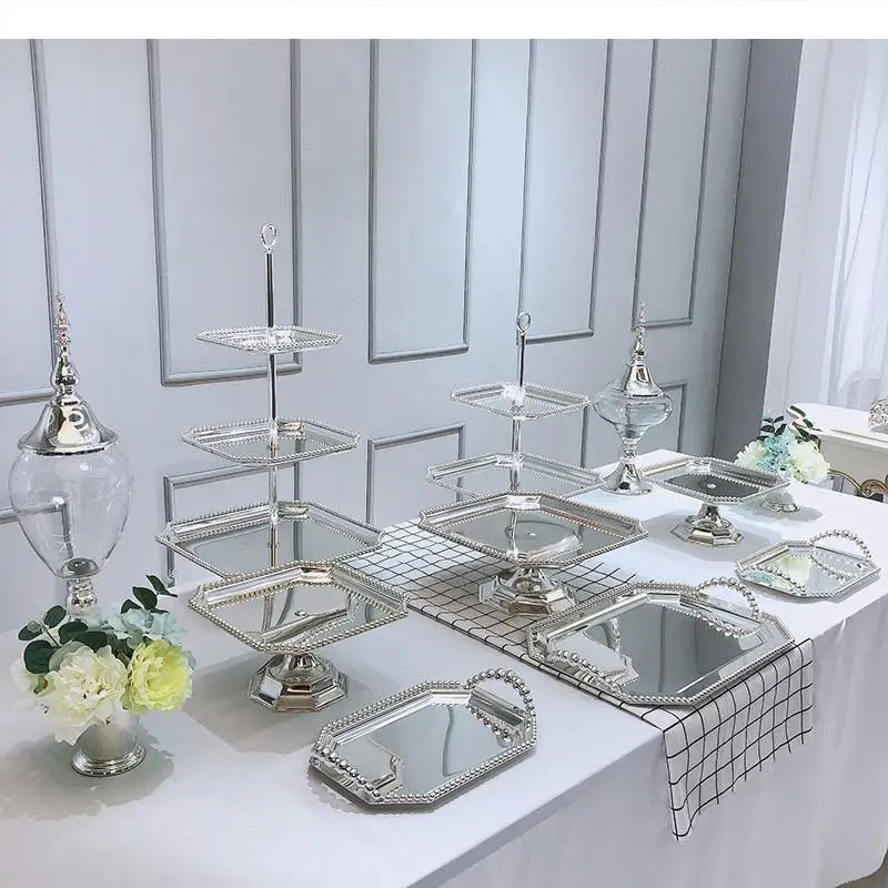 Dessert Table Metal Decorative Display Rack Glass Candy Jar Silver Pearl High Foot Cake Pan Plate Storage Tray Vase