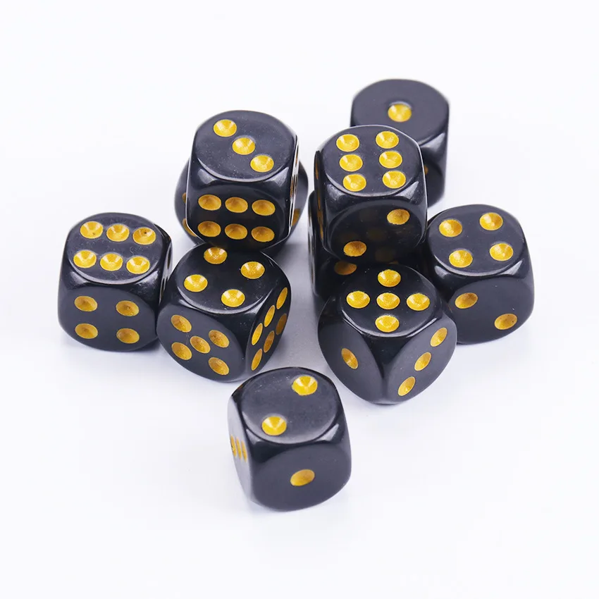 16mm Black Color Golden Dot 6 Sided Dice Set Acrylic Round Corner Dice Games with 1-6 Funny Games for Party Supplies