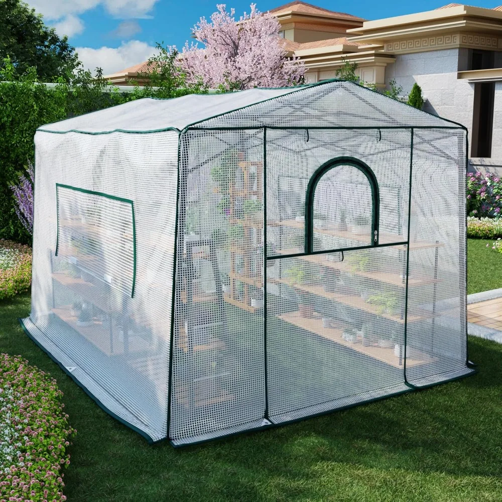 

11'x 8.5'x 7.4' Walk-in Greenhouse for Outside & Indoor with 2 Roll-up Zipper Doors, 4 Ventilated Mesh Windows, Patio Plant Gard
