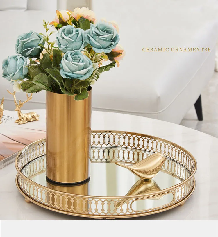 Gold Trays Decorative Vintage Mirror Glass Storage Tray Rectangle/round Fruit Plate Desktop Small Items Jewelry Display Plate