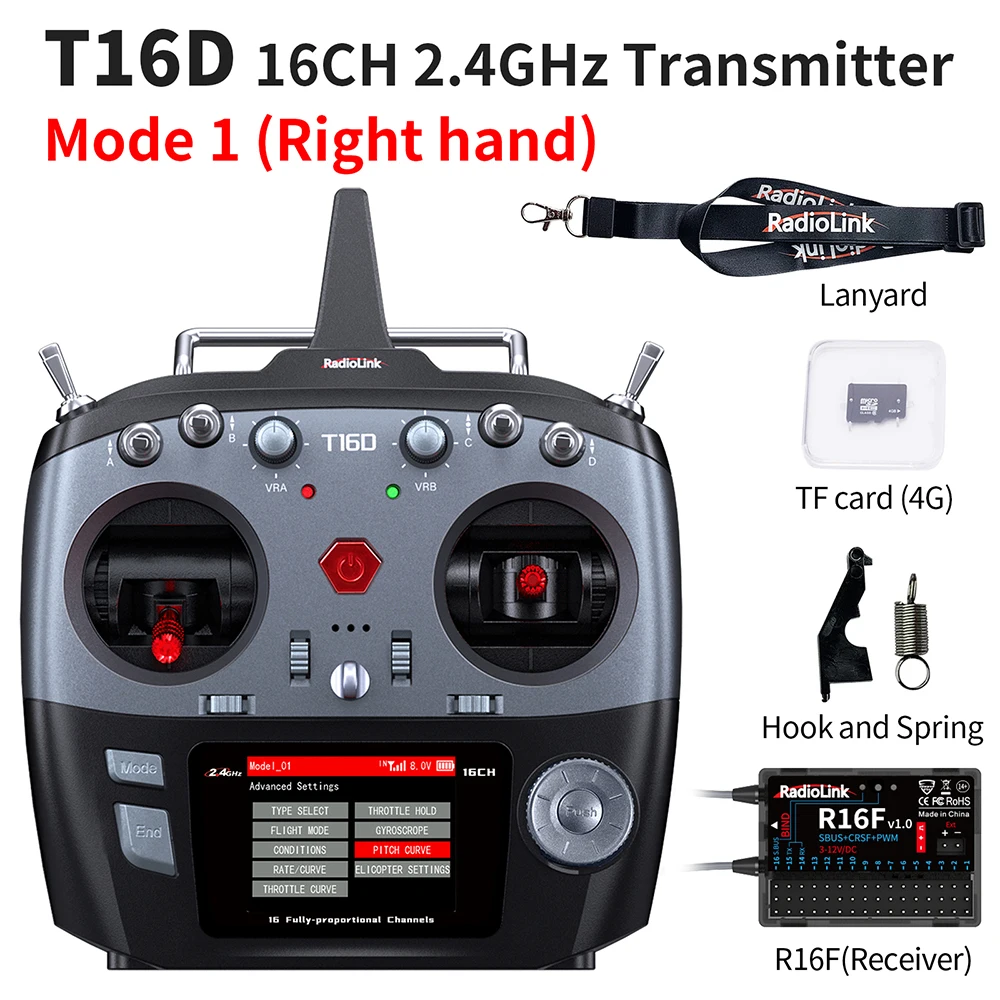 RadioLink T16D 16 Channels RC Transmitter 2.4GHz with R16F Receiver for RC Car Boat Drone