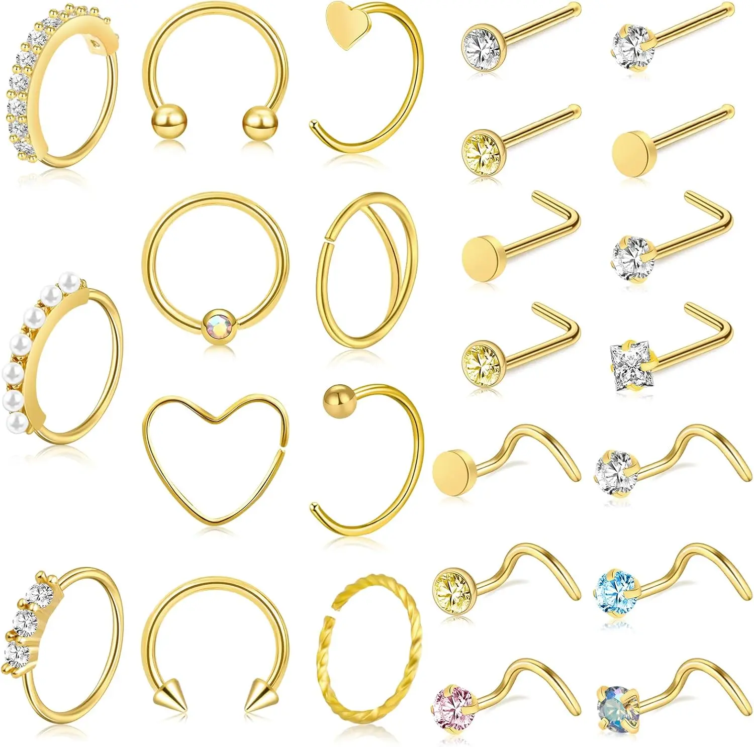 

Набор из 35-70 шт. пирсинга для носа (18г, 20г) для женщин и мужчин - золотые кольца, L-образные, штанги и винтовые крепления - из хирургической нержавеющей стали 316L