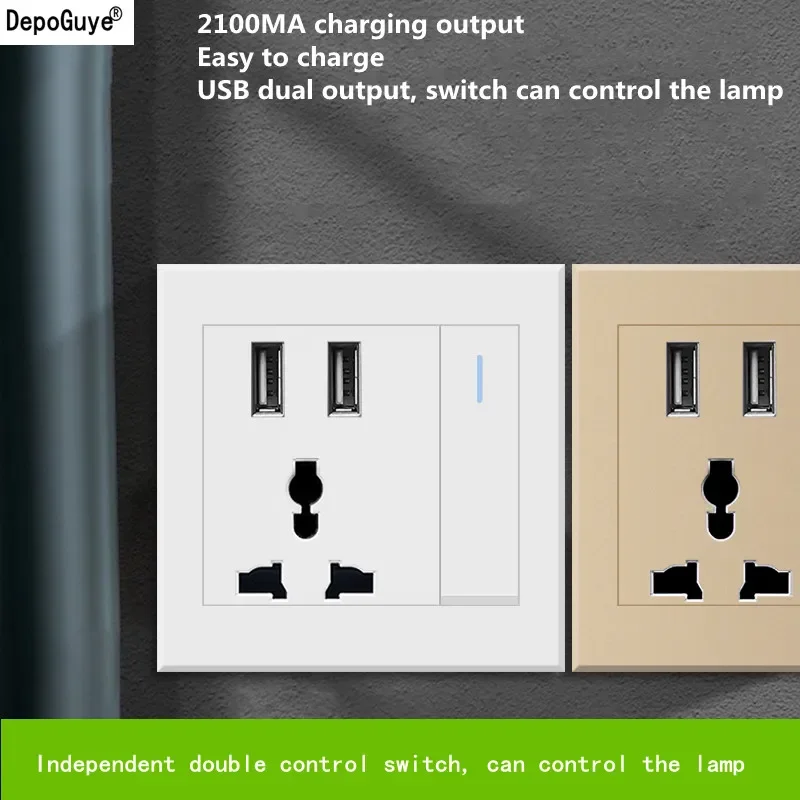 Depoguye Universal USB wall socket with light switch, 2.1A dual USB phone charging port, switch control socket  AC110V -250V